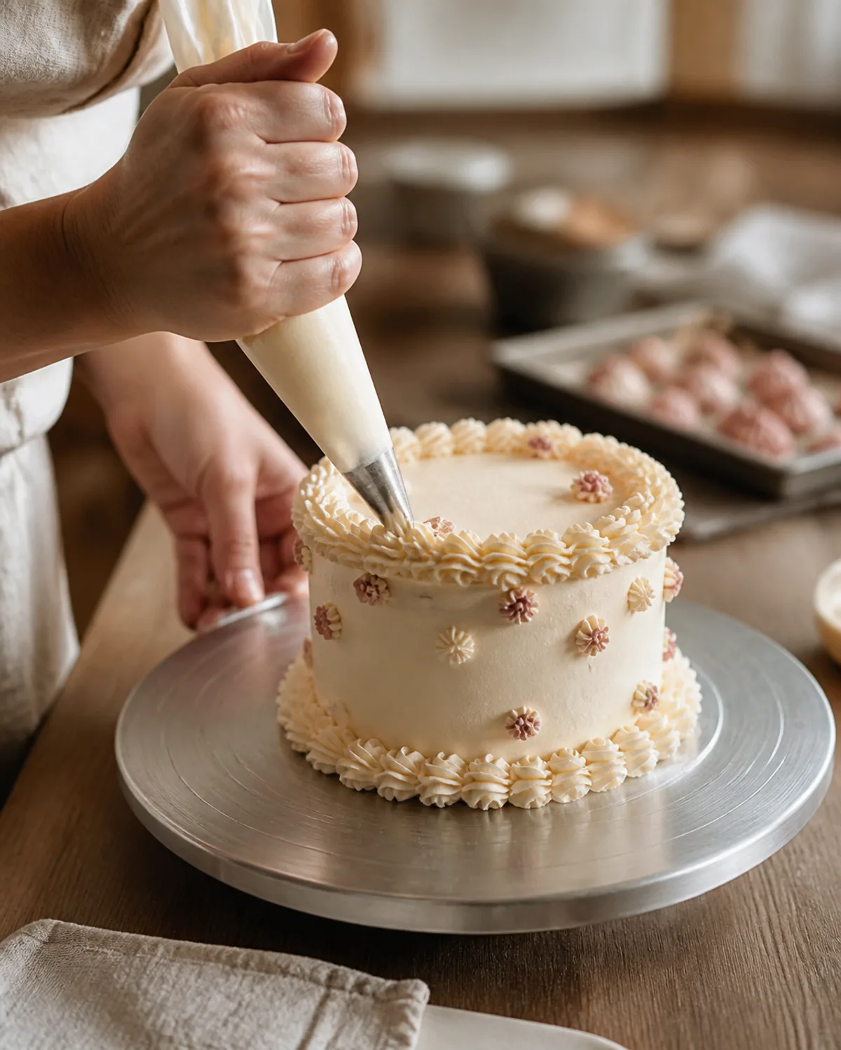 Buttercream details being piped by hand