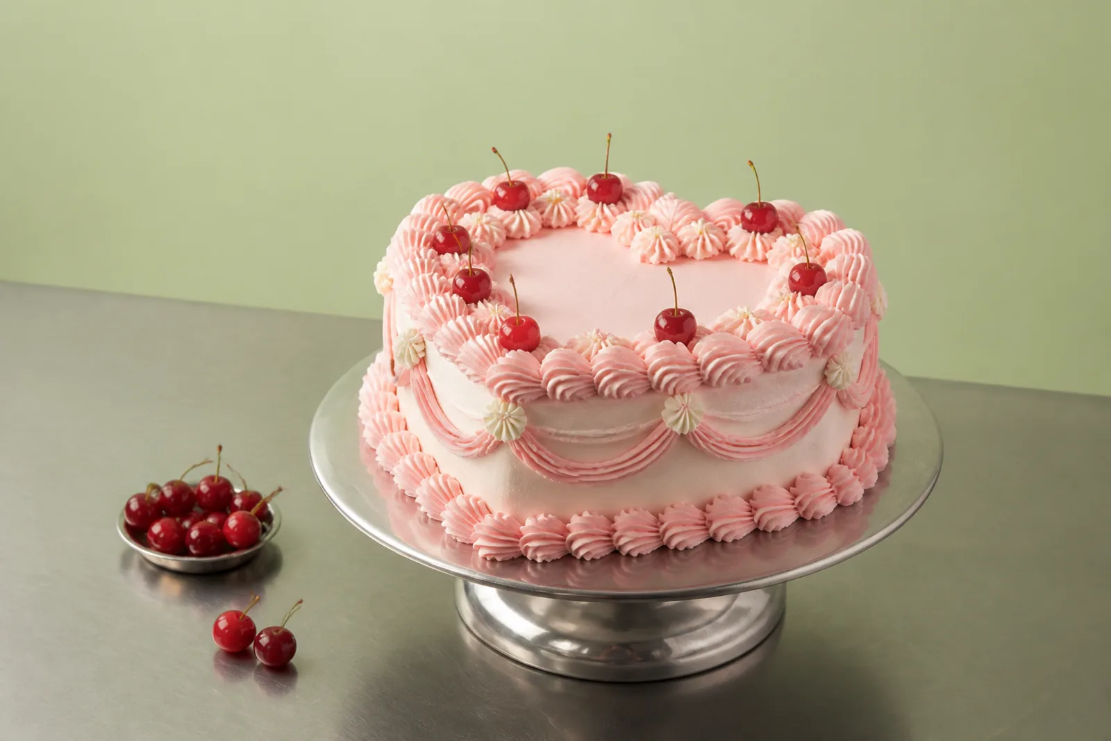 A pink vintage-inspired cherry celebration cake